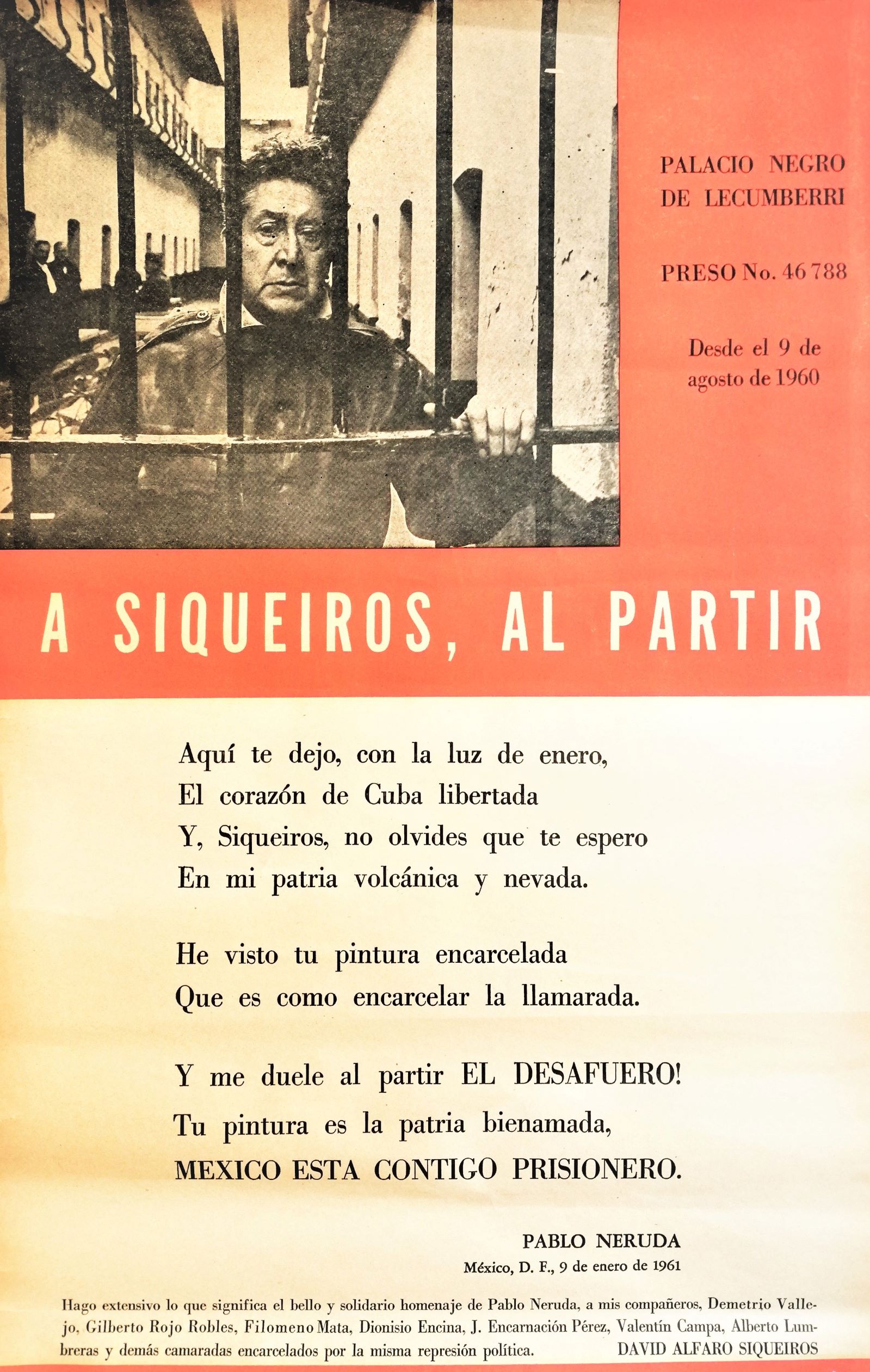 Cartel  Pablo Neruda -  A Siqueiros, al partir