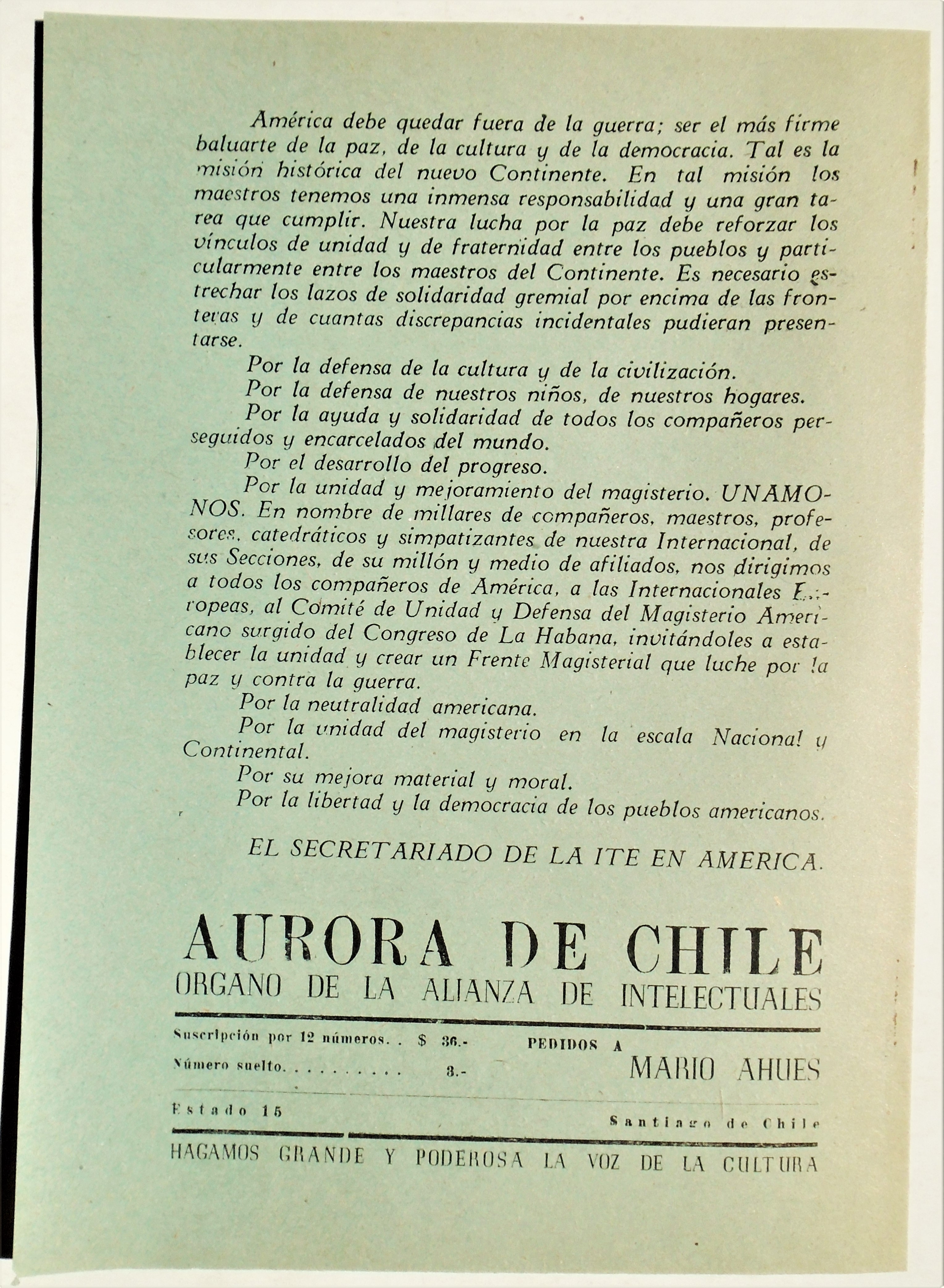 Alianza intelectuales para la defensa de la cultura - Aurora de Chile
