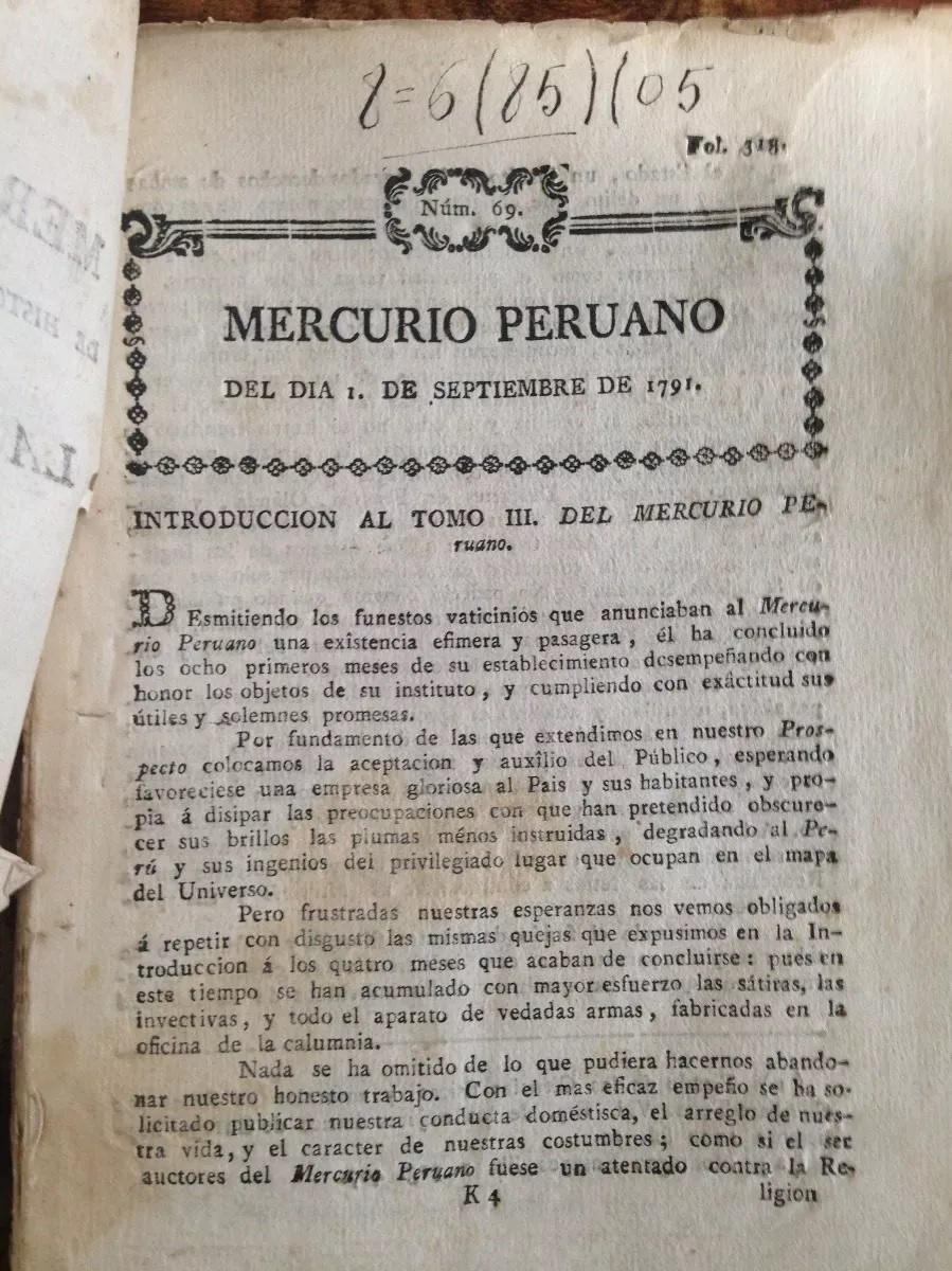 Mercurio peruano de historia, literatura, y noticias públicas que da à luz la Sociedad académica de amantes de Lima