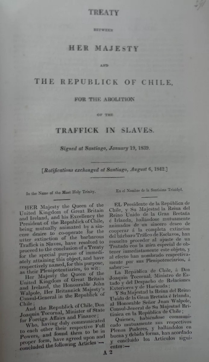 treaty between her majesty and the republick of Chile, for the abolition of the traffick in slaves. Signed at Santiago, january 19, 1839.