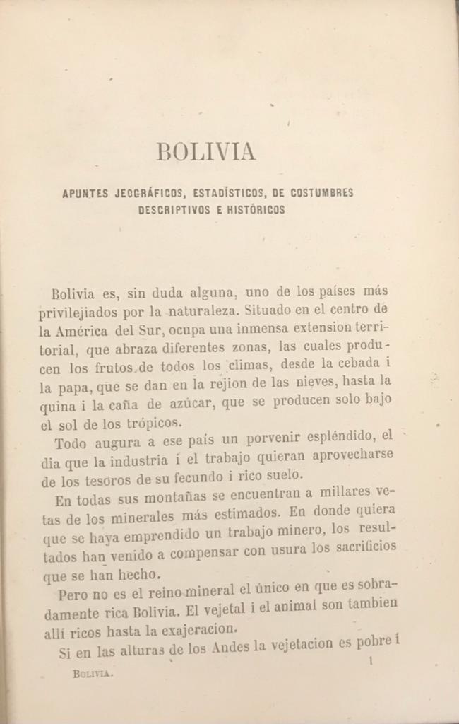 José Domingo Cortes	Bolivia. Apuntes Jeográficos, Estadísticos, de costumbres descriptivos e Históricos. 