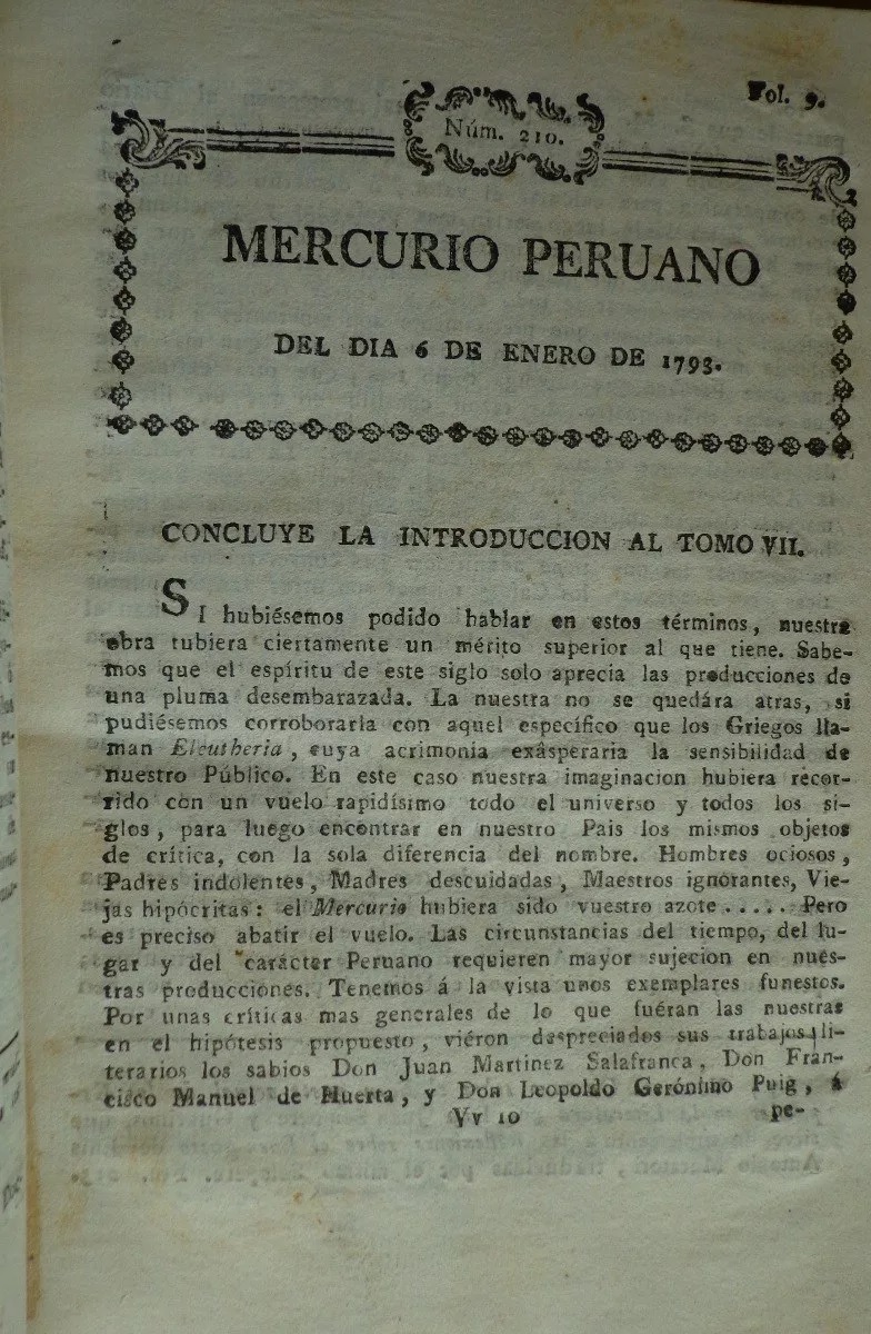 Mercurio peruano de historia, literatura, y noticias públicas que da à luz la Sociedad académica de amantes de Lima