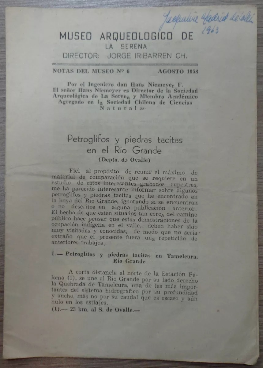 Museo Arqueologico de la Serena. N°6. Hans niemeyer F. petroglifos y piedras tacitas en el rio grande