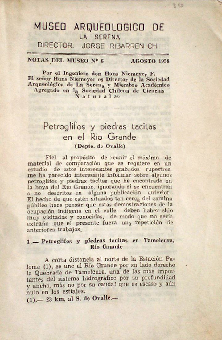 Notas del Museo N.4 Investigación Arqueológica en el Valle del Huasco. – N.6 Petroglifos y piedras tacitas en el Río Grande. 