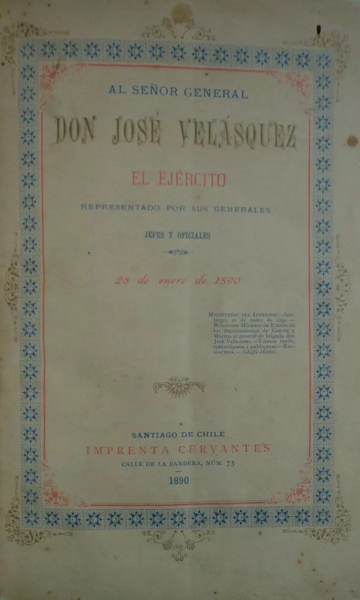 Al señor general don jose velasquez el ejercito representado por sus generales y oficiales. 28 de enero de 1890