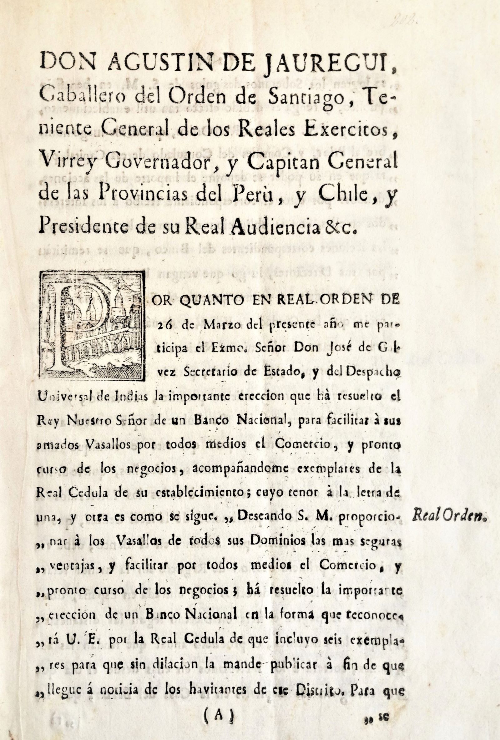 Juan María de Gálvez - Agustín de Jauregui, presidente de la Real Audiencia de las Provincias del Perú y Chile por la instalación de un Banco Nacional 