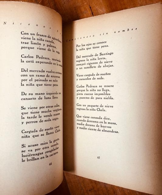 Nicanor Parra	Cancionero sin Nombre. Primera edición de su primer libro.